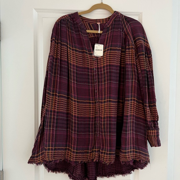 Free people new with tags soft plaid oversized tunic with pleated back - Picture 1 of 3
